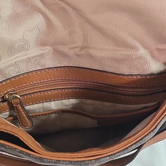 Michael Kors Signature Fold over Brown Leather Shoulder Bag Handbag w/ Tassell - Picture 9 of 13